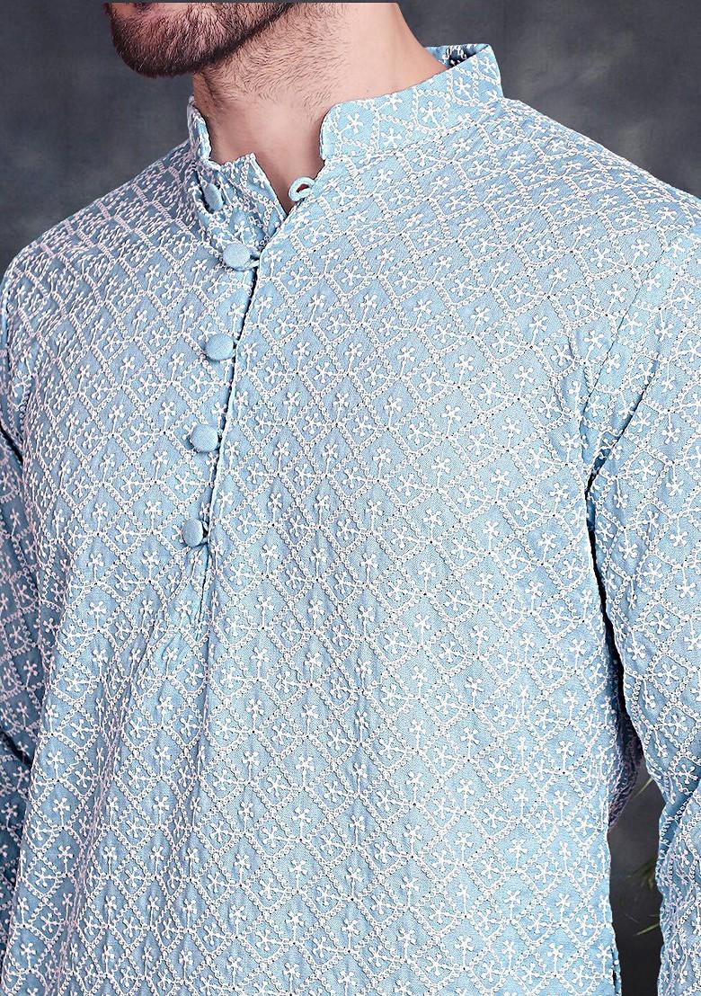 Turquoise Blue Embroidered Poly Blend Kurta Set For Men