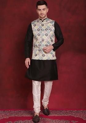 Green Printed Poly Blend Kurta Set For Men