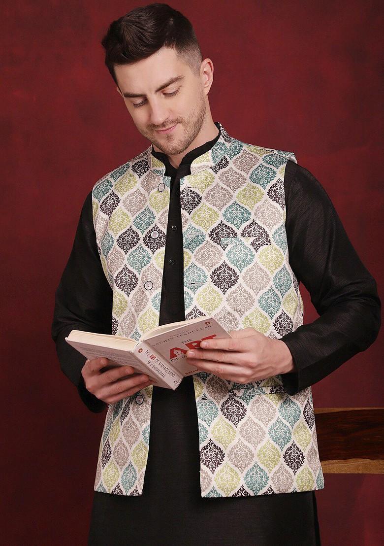 Green Printed Poly Blend Kurta Set For Men