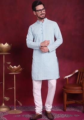 Turquoise Blue Embroidered Poly Blend Kurta Set For Men