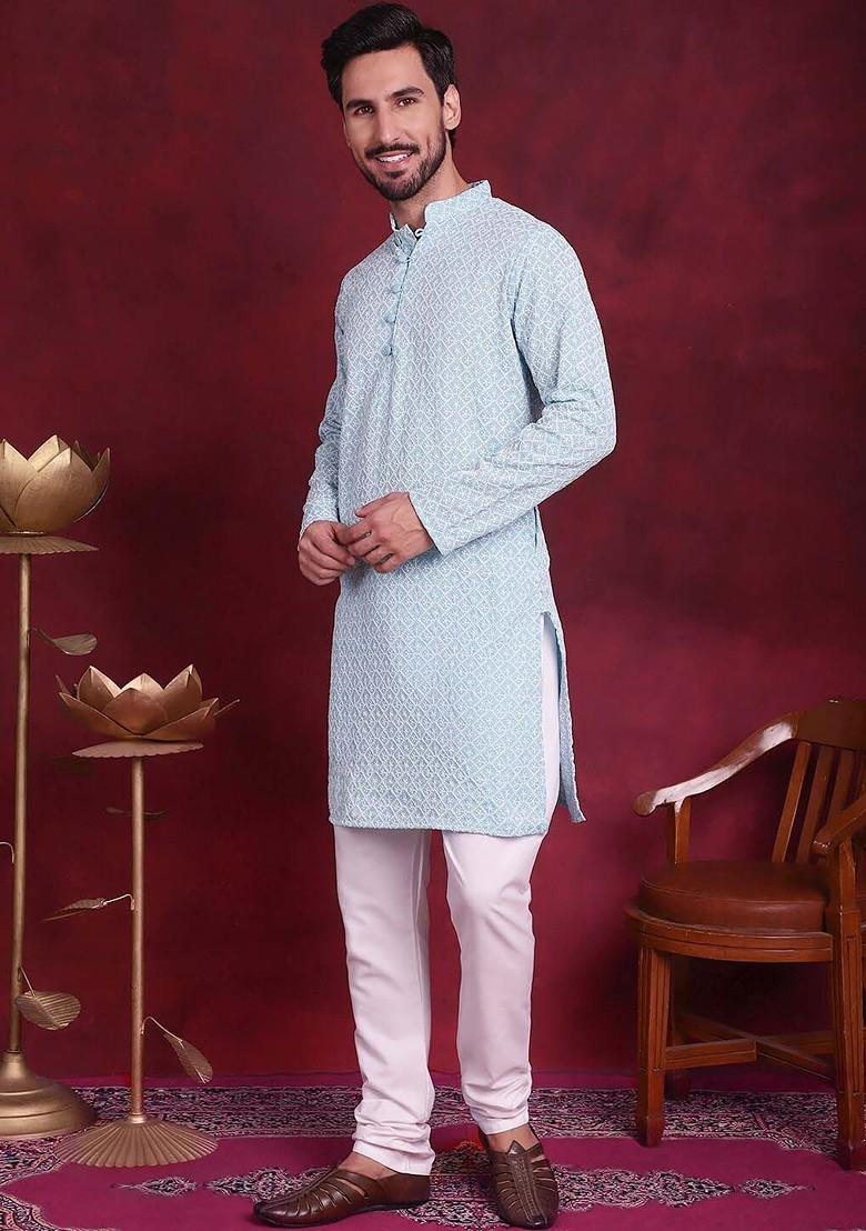 Turquoise Blue Embroidered Poly Blend Kurta Set For Men