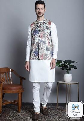 Off White Embroidered Poly Blend Kurta Set For Men