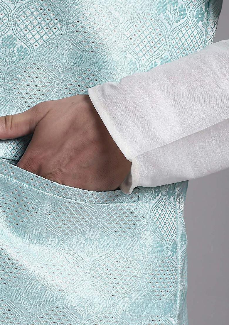 Turquoise Blue Woven Design Poly Blend Kurta Set For Men