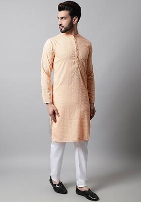 Orange Embroidered Poly Blend Kurta Set For Men