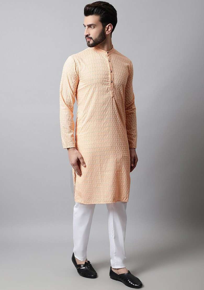 Orange Embroidered Poly Blend Kurta Set For Men - Indya