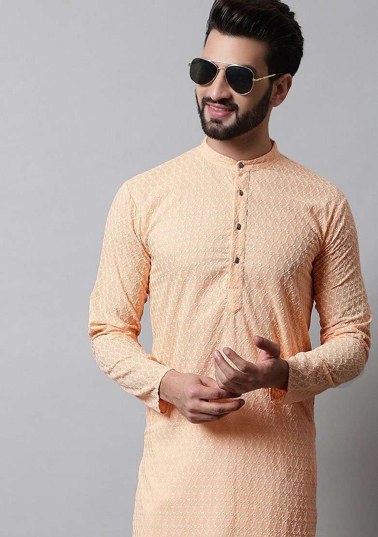 Orange Embroidered Poly Blend Kurta Set For Men - Indya