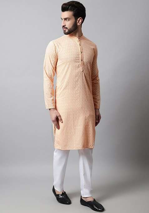 Orange Embroidered Poly Blend Kurta Set For Men