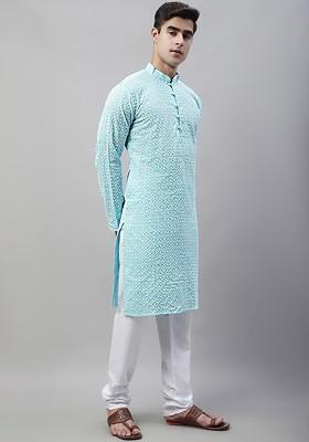 Turquoise Blue Embroidered Poly Blend Kurta Set For Men