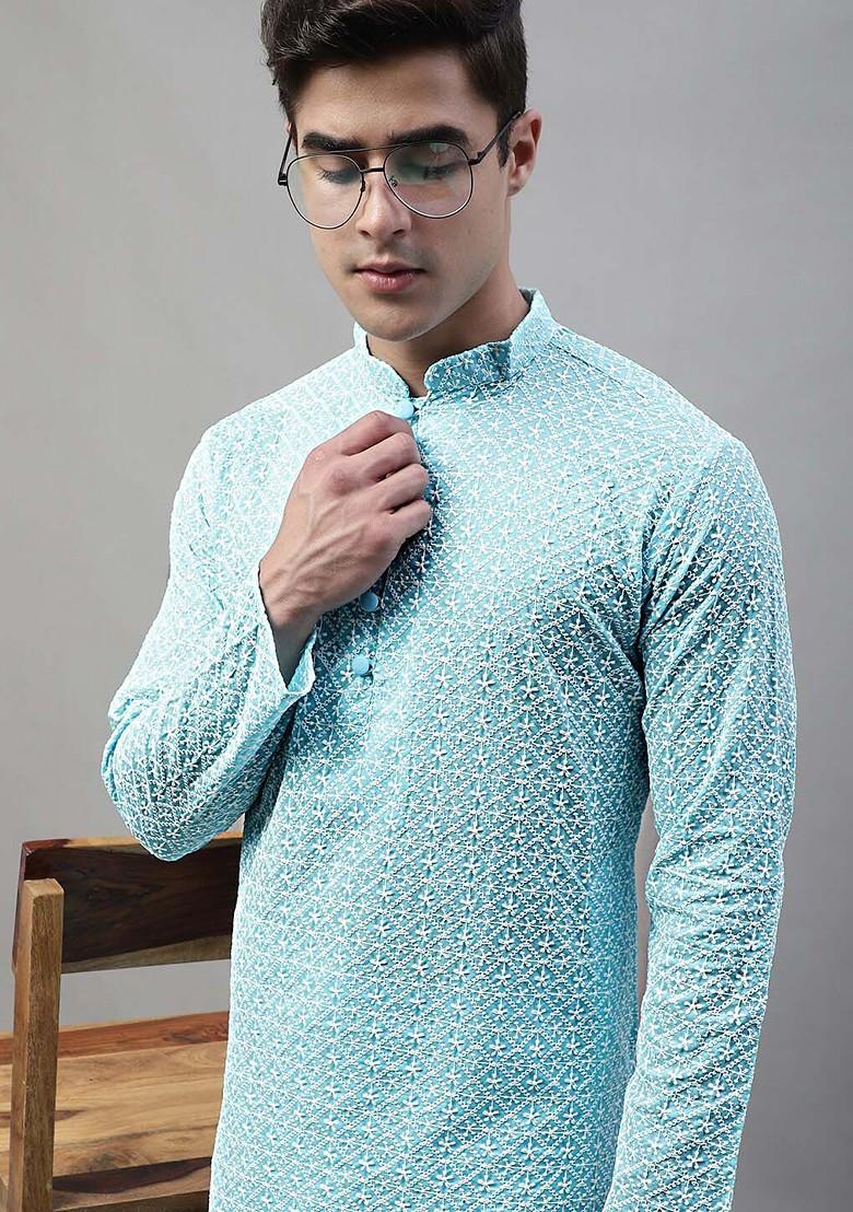 Turquoise Blue Embroidered Poly Blend Kurta Set For Men