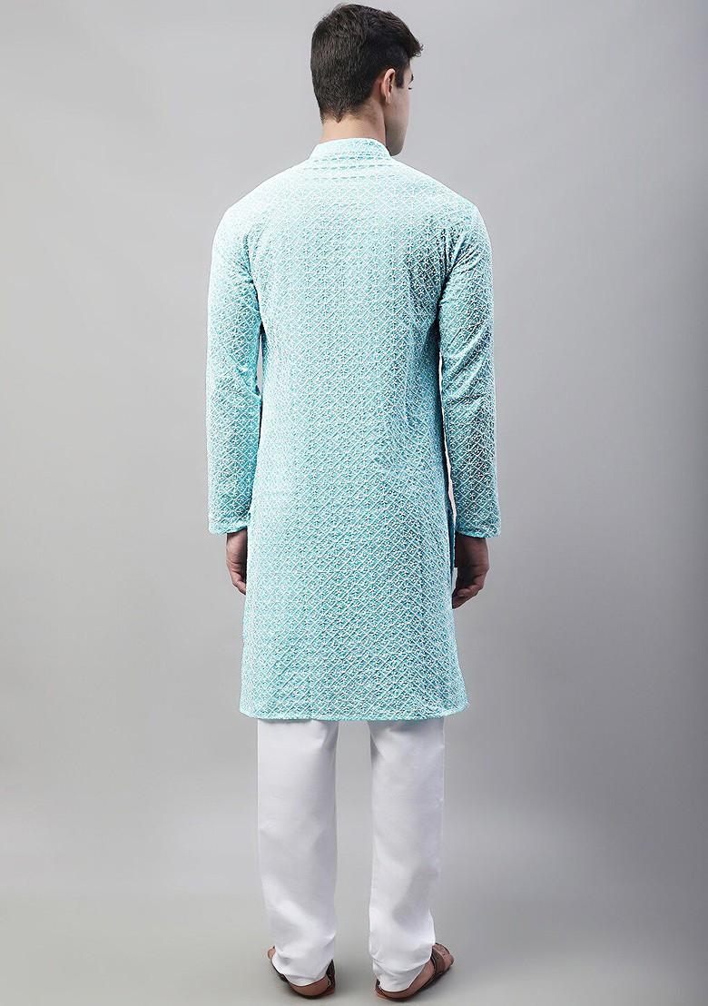 Turquoise Blue Embroidered Poly Blend Kurta Set For Men