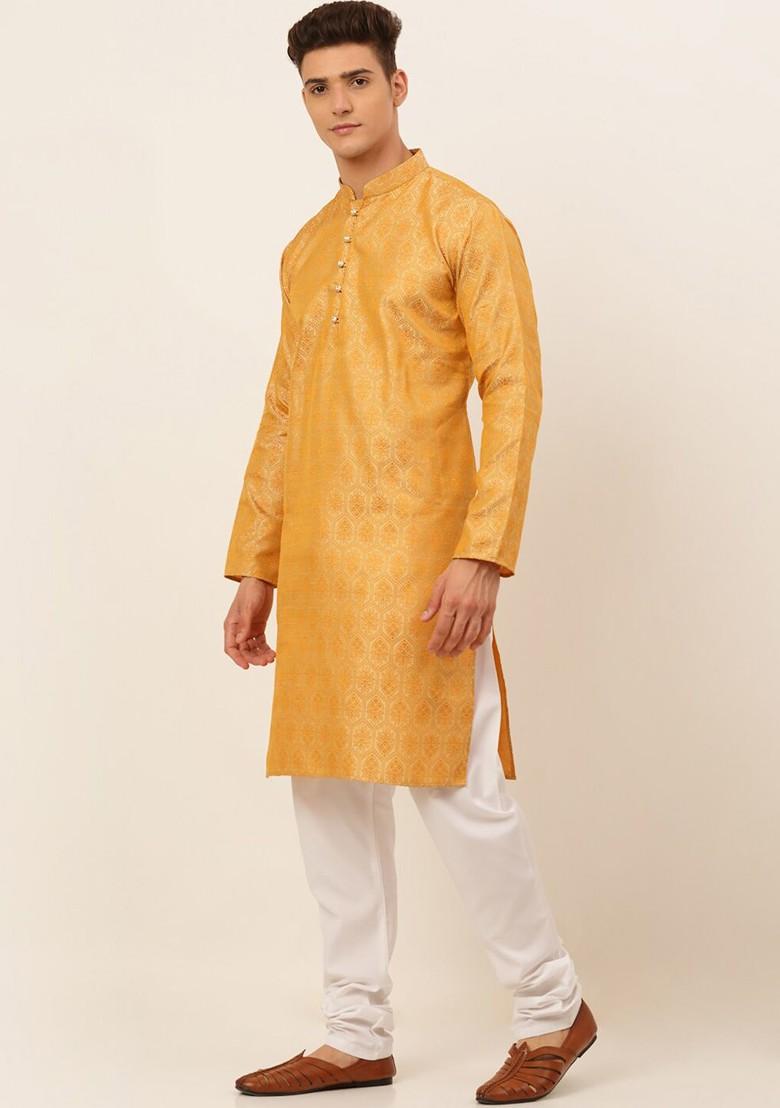 Gold Woven Design Poly Blend Kurta Set For Men