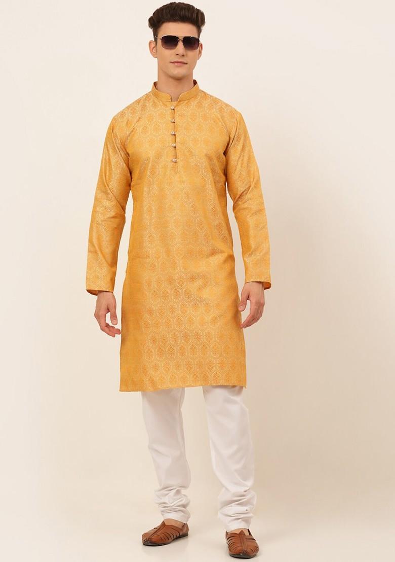 Gold Woven Design Poly Blend Kurta Set For Men