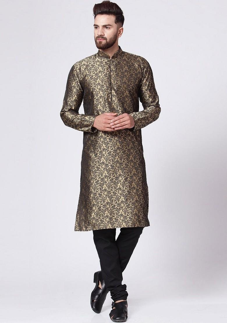 Gold Woven Design Poly Blend Kurta Set For Men