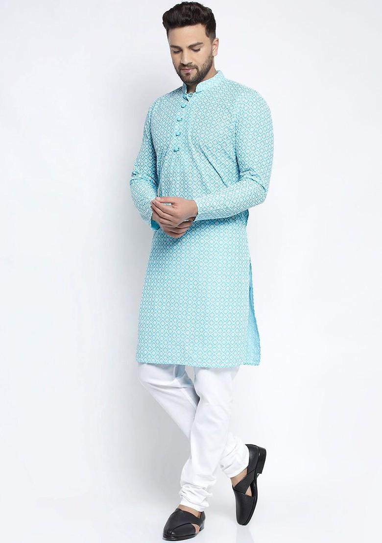 Turquoise Blue Embroidered Poly Blend Kurta Set For Men