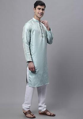 Turquoise Blue Woven Design Poly Blend Kurta Set For Men