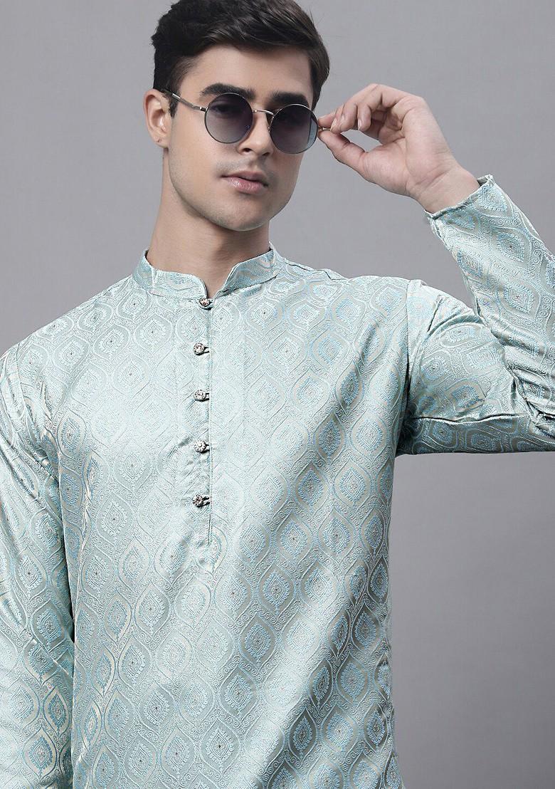 Turquoise Blue Woven Design Poly Blend Kurta Set For Men