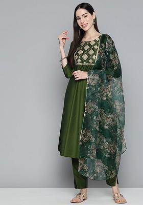 Olive Yoke Design Poly Blend Kurta Set For Men