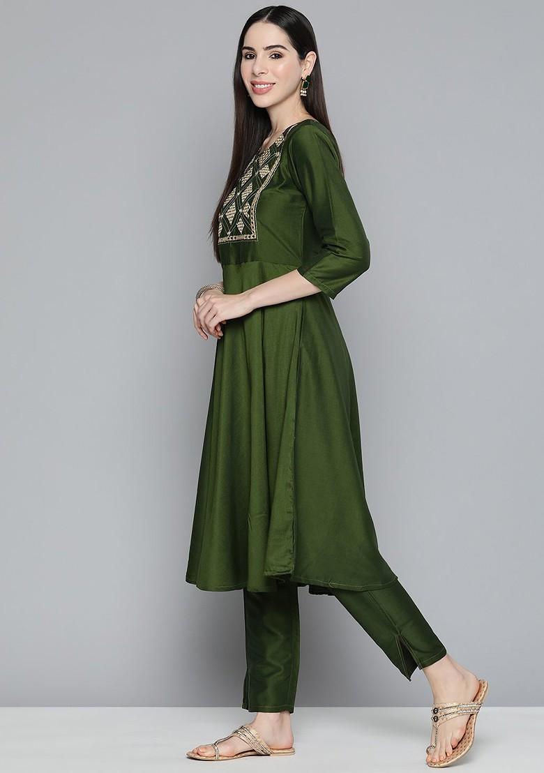Olive Yoke Design Poly Blend Kurta Set For Men