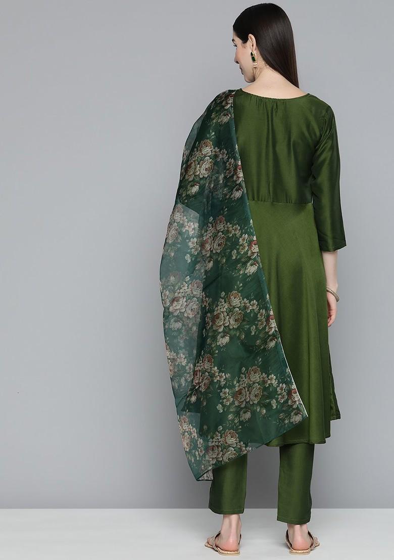 Olive Yoke Design Poly Blend Kurta Set For Men