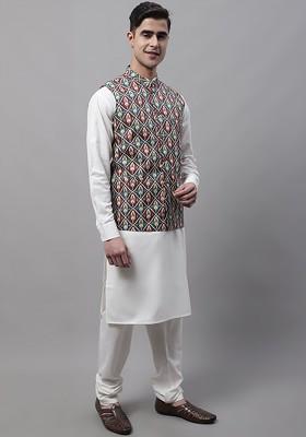 White Printed Poly Blend Kurta Set For Men
