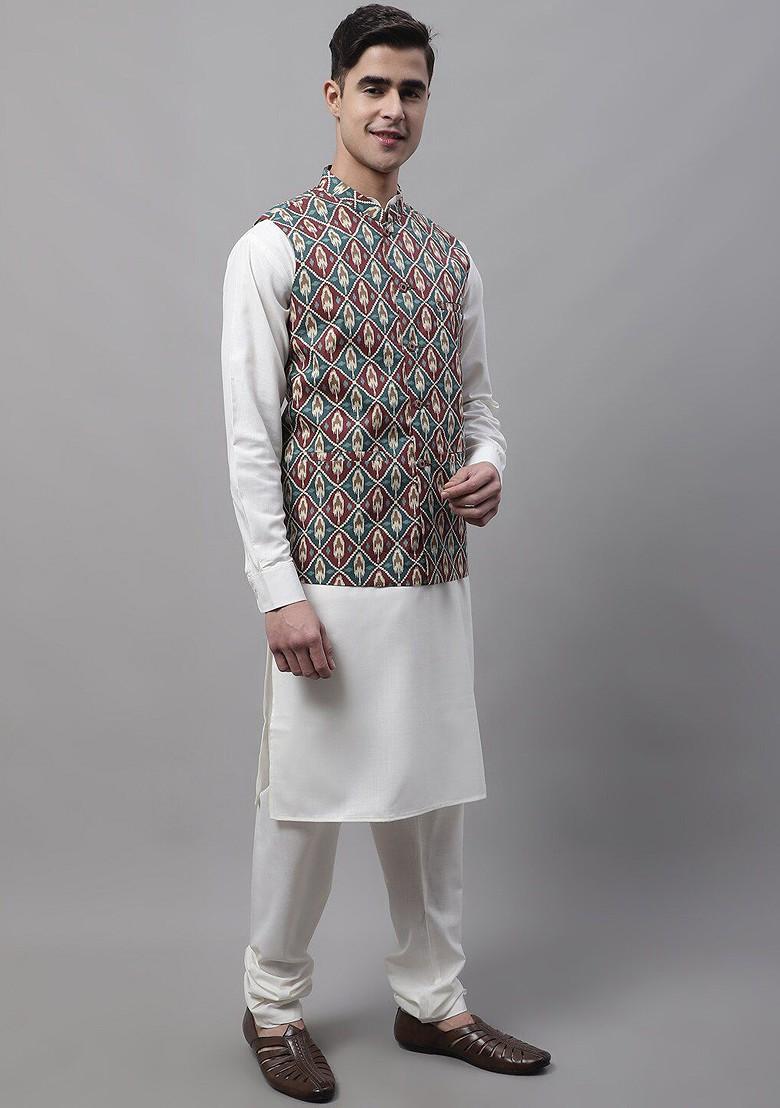 White Printed Poly Blend Kurta Set For Men