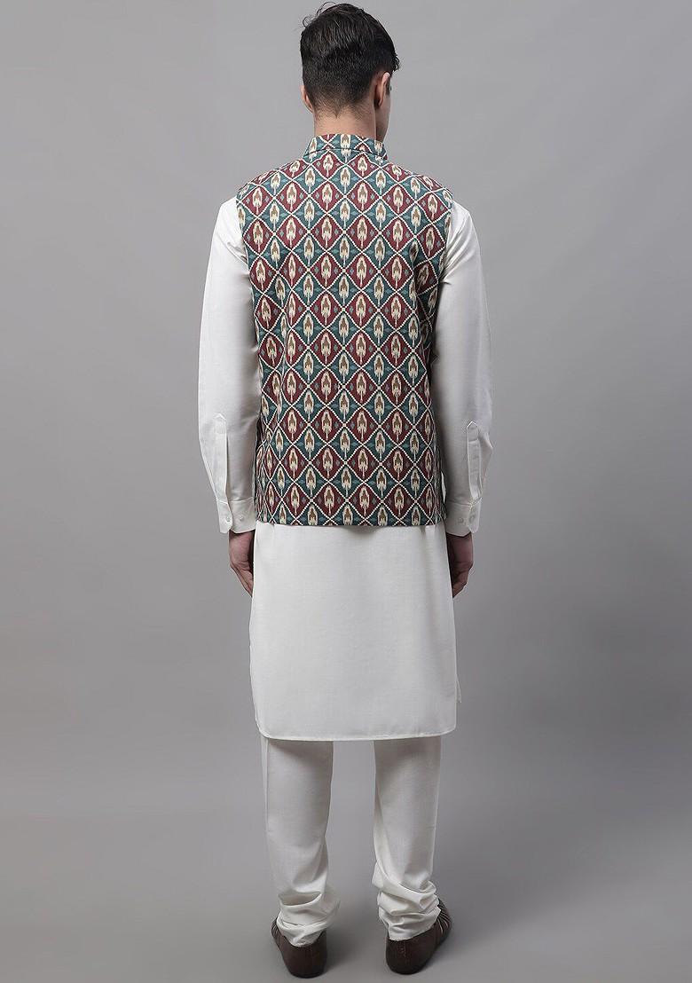 White Printed Poly Blend Kurta Set For Men