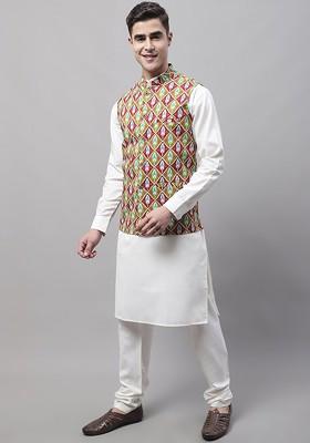 Off White Printed Poly Blend Kurta Set For Men