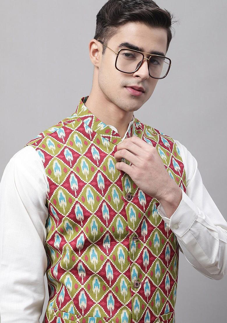 Off White Printed Poly Blend Kurta Set For Men