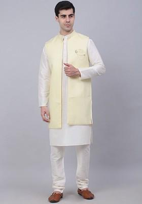 Yellow Woven Design Poly Blend Kurta Set For Men