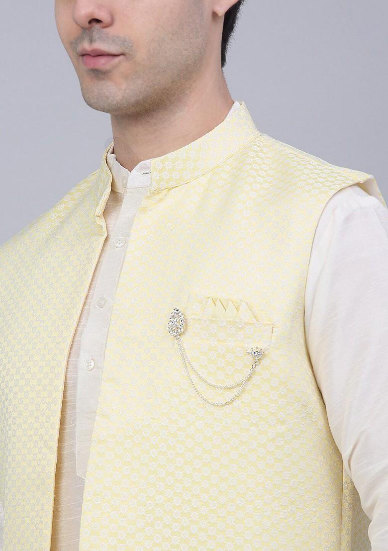 Yellow Woven Design Poly Blend Kurta Set For Men