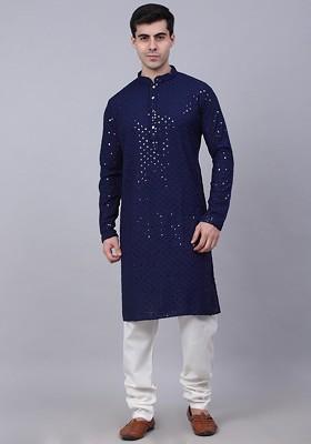 Navy Blue Embroidered Poly Blend Kurta Set For Men