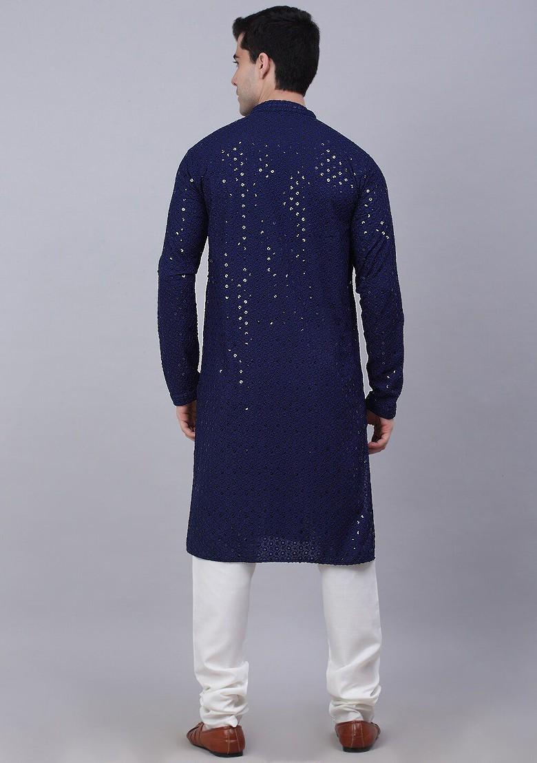 Navy Blue Embroidered Poly Blend Kurta Set For Men