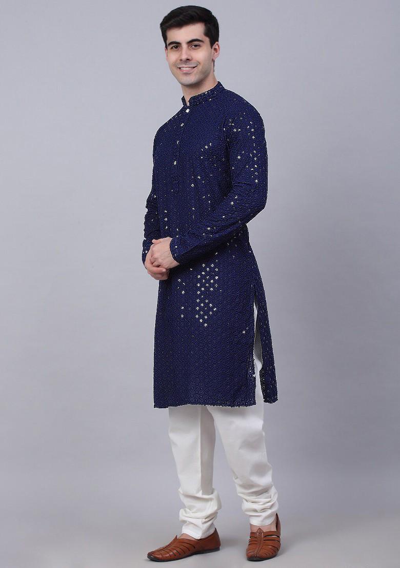 Navy Blue Embroidered Poly Blend Kurta Set For Men