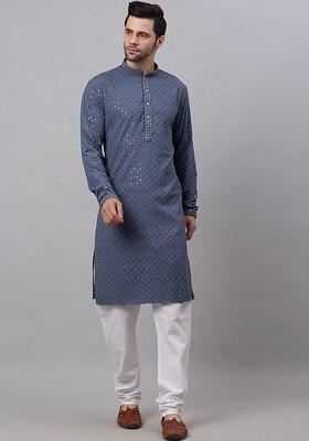 Grey Embroidered Poly Blend Kurta Set For Men