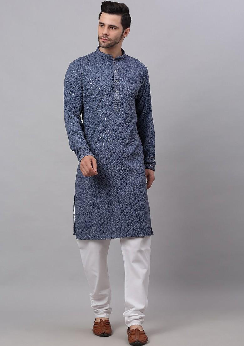 Grey Embroidered Poly Blend Kurta Set For Men