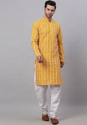 Mustard Yellow Embroidered Poly Blend Kurta Set For Men