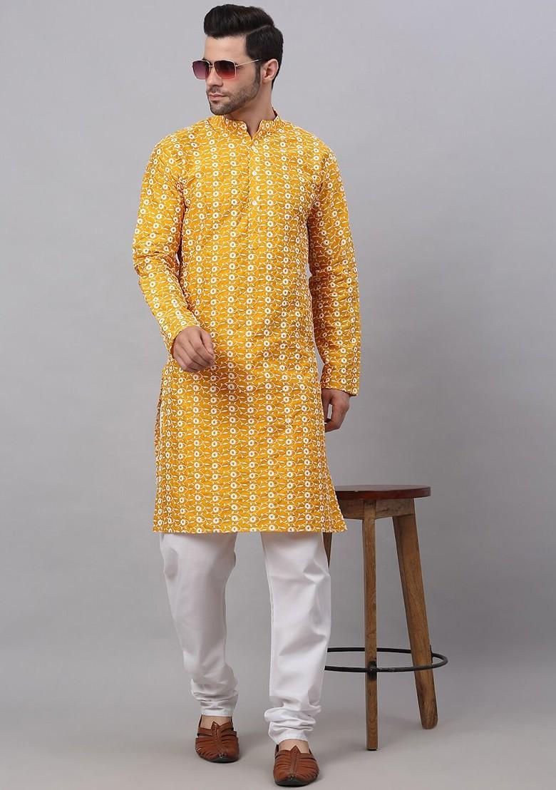 Mustard Yellow Embroidered Poly Blend Kurta Set For Men