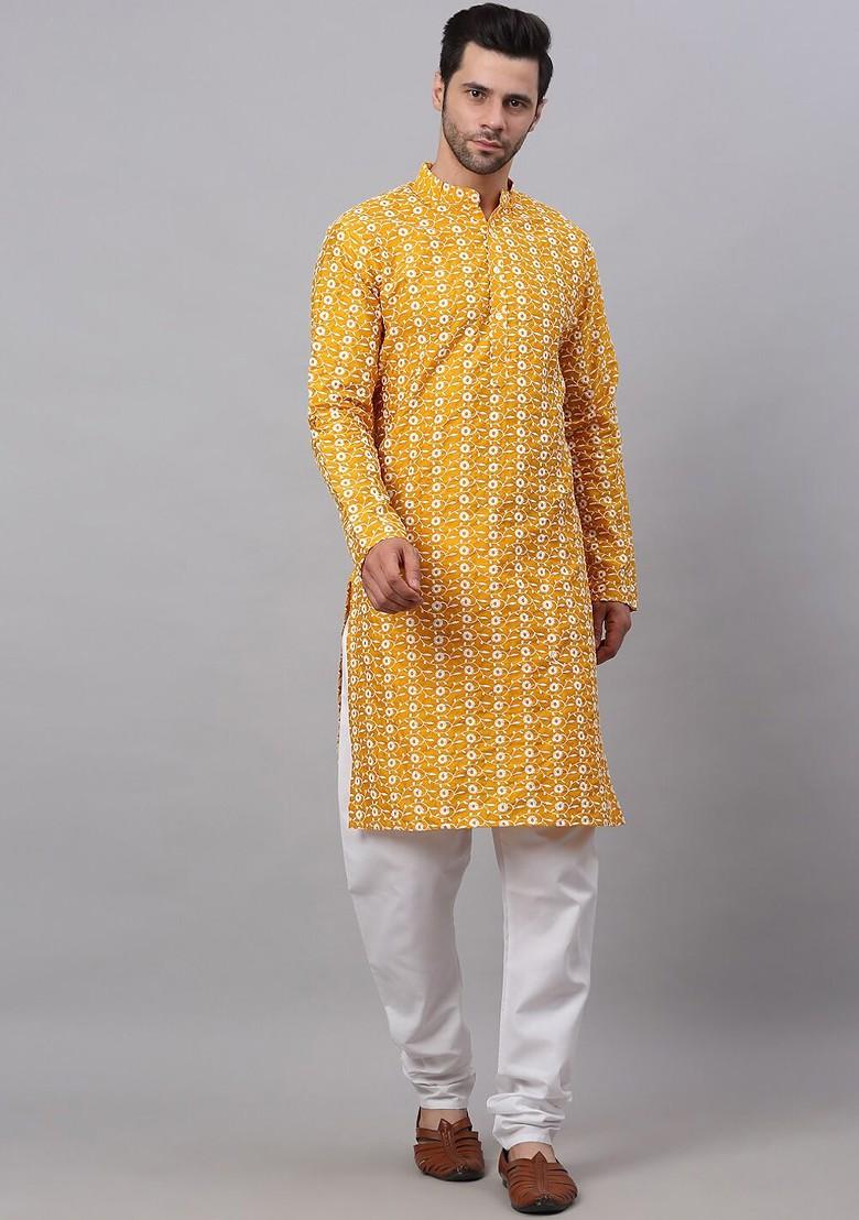 Mustard Yellow Embroidered Poly Blend Kurta Set For Men