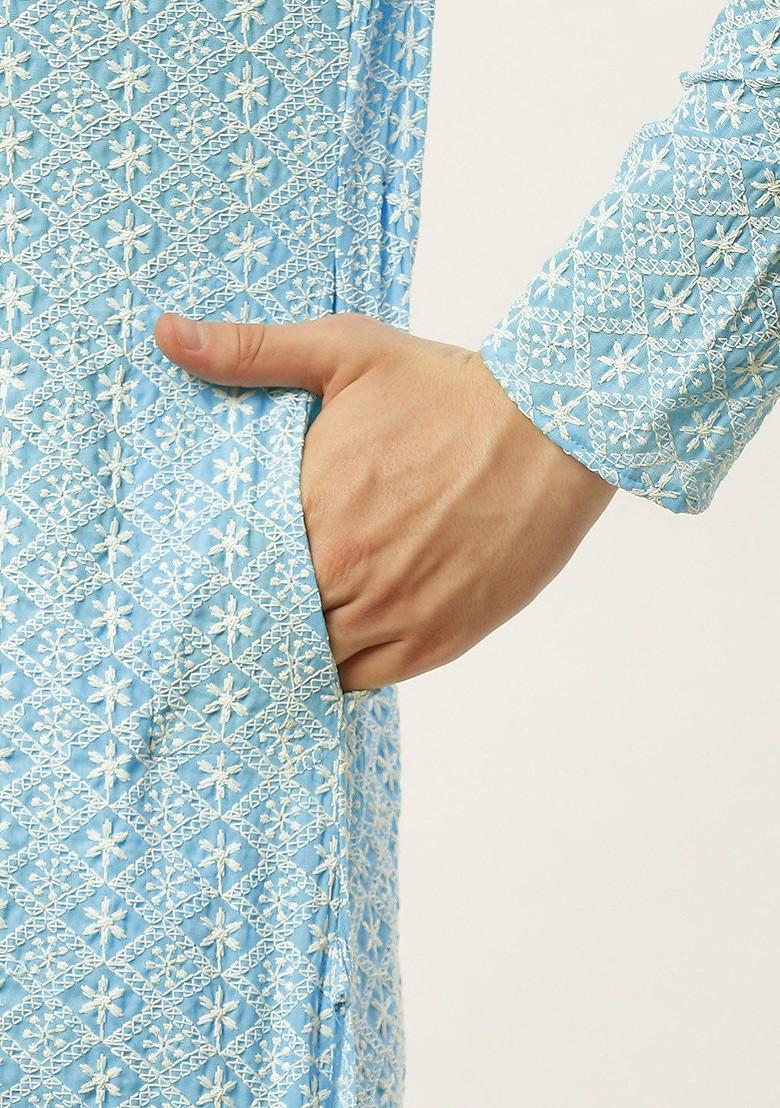 Turquoise Blue Embroidered Poly Blend Kurta Set For Men