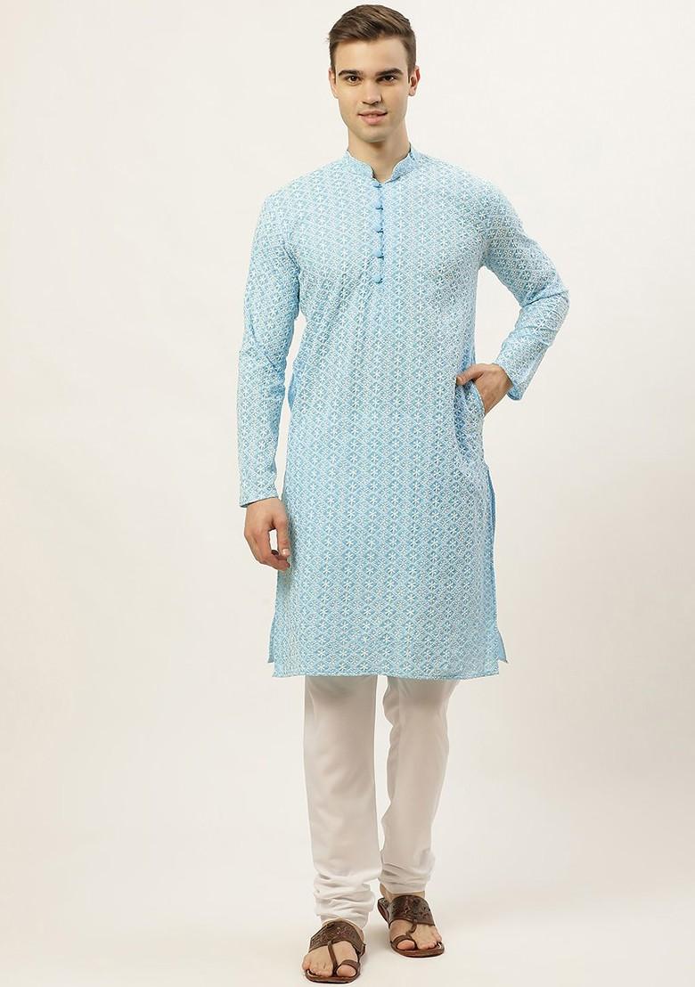 Turquoise Blue Embroidered Poly Blend Kurta Set For Men