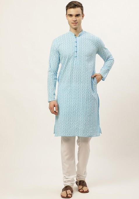 Turquoise Blue Embroidered Poly Blend Kurta Set For Men — view on Indya