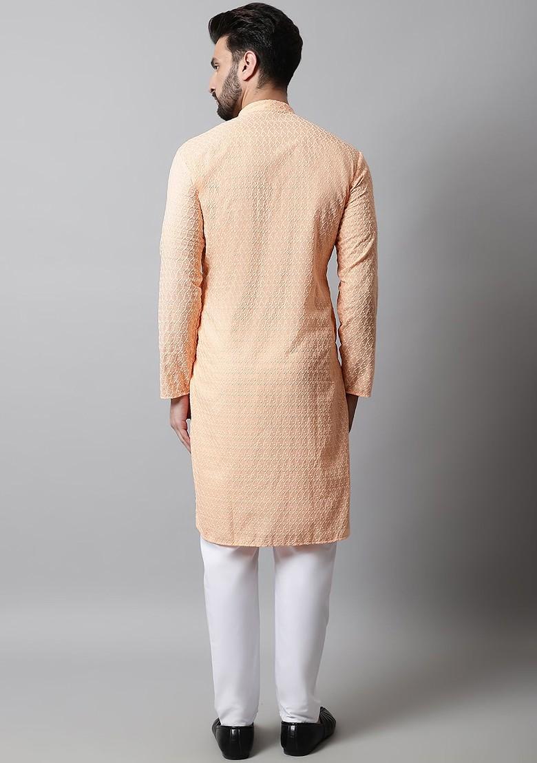Orange Embroidered Poly Blend Kurta Set For Men