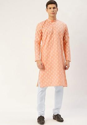 Peach Printed Poly Blend Kurta Set For Men