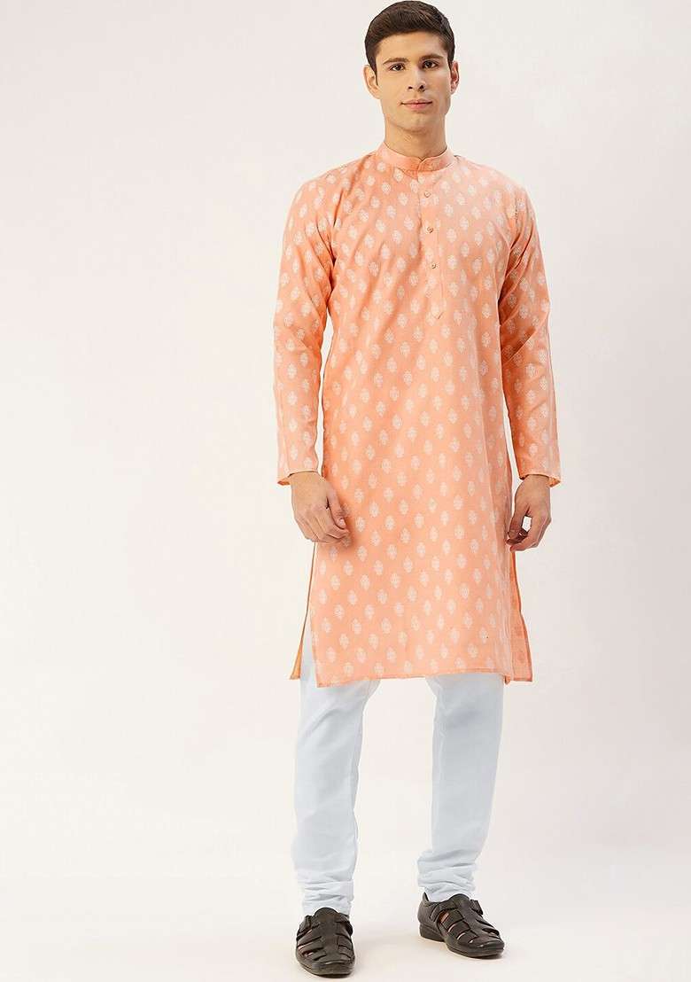 Peach Printed Poly Blend Kurta Set For Men - Indya