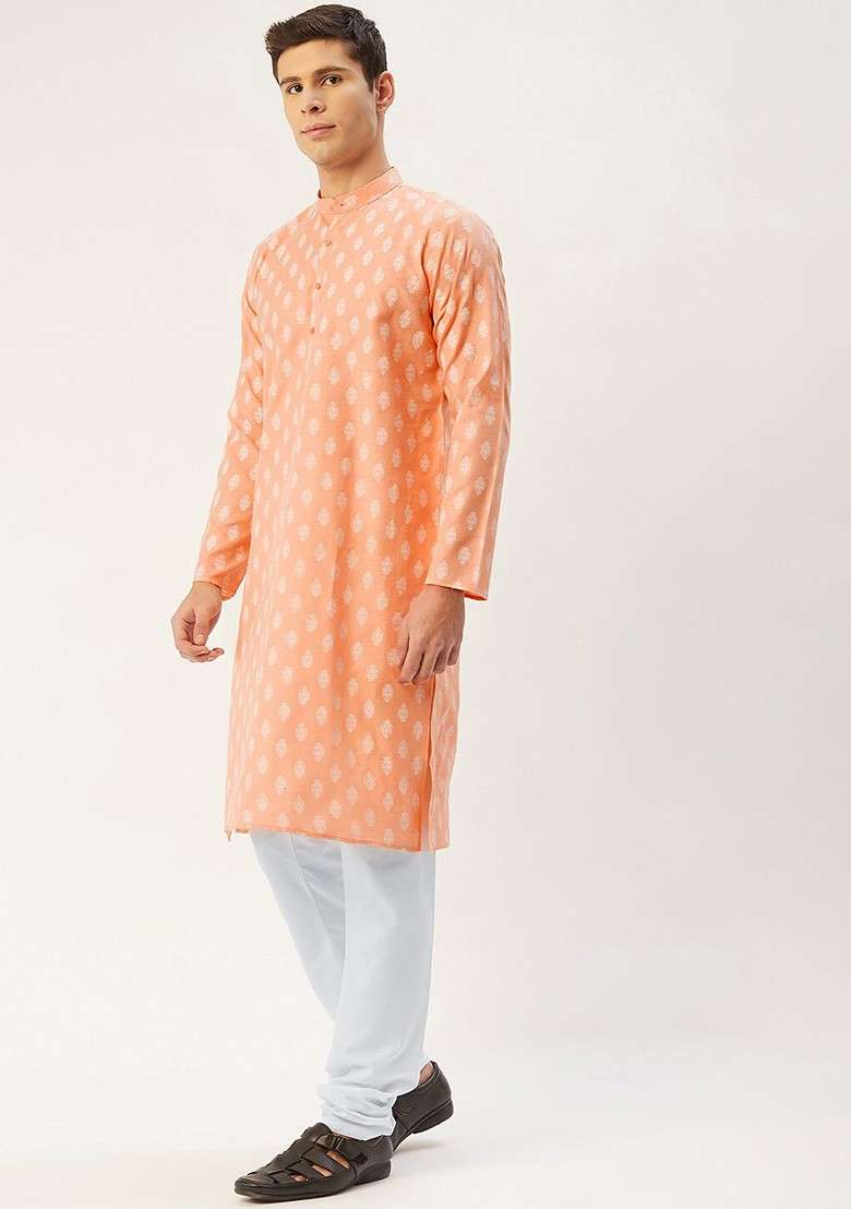 Peach Printed Poly Blend Kurta Set For Men - Indya