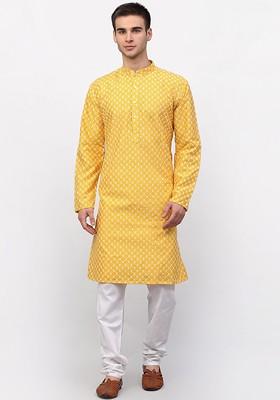 Mustard Yellow Embroidered Poly Blend Kurta Set For Men
