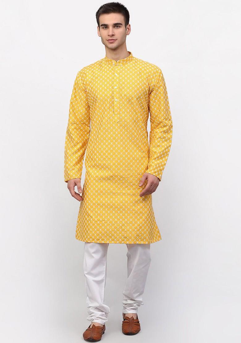 Mustard Yellow Embroidered Poly Blend Kurta Set For Men