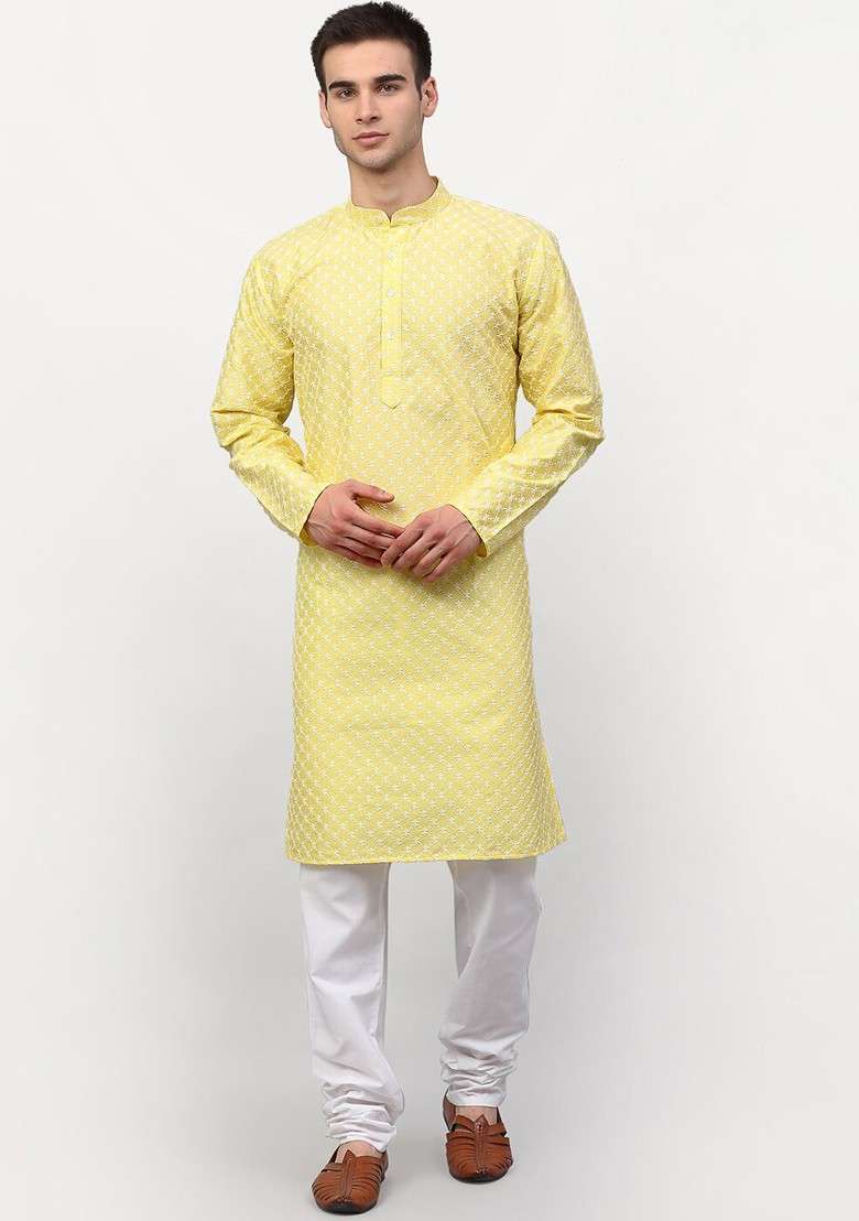 Yellow Printed Poly Blend Kurta Set For Men - Indya