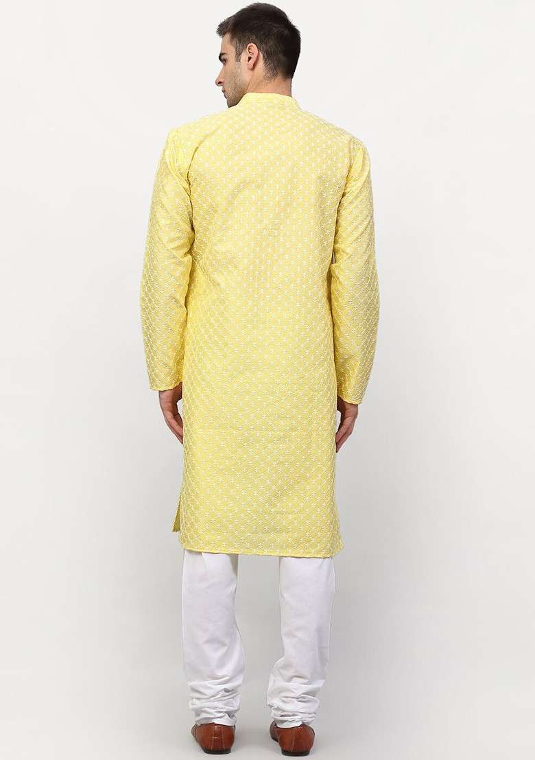 Yellow Printed Poly Blend Kurta Set For Men - Indya