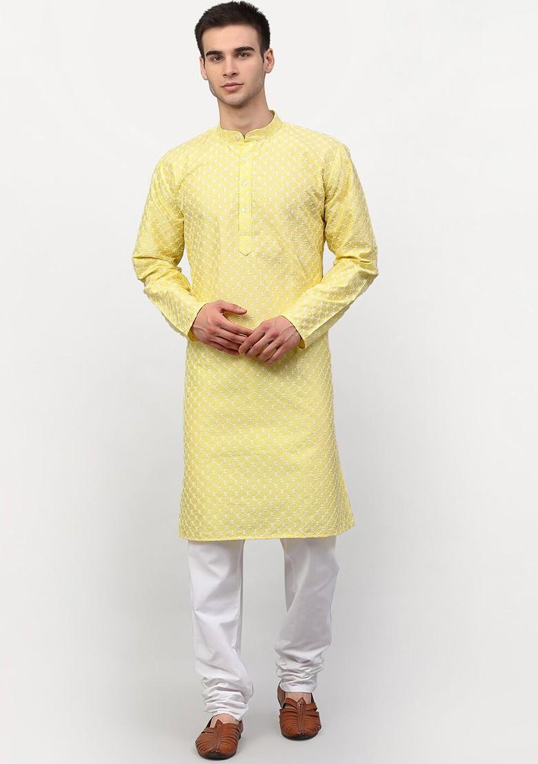Yellow Printed Poly Blend Kurta Set For Men